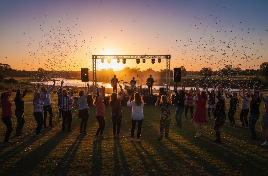 A dynamic, wide-angle photograph capturing an ecstatic crowd cheering wildly at a vibrant outdoor festival in Mooroopna, illuminated by dramatic stage lights, perfectly illustrating Mooroopna Event Photography Seamlessly Capturing Cherished Moments.