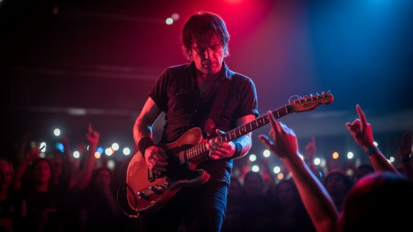 An epic moment captured in Mooroopna live music gigs photography: a lead singer bathed in dramatic purple and blue stage lights, passionately belting out a note, mic stand tilted, with a blurred, energetic crowd in the foreground and hands raised in a local Mooroopna venue.