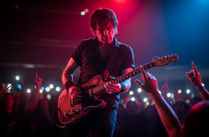 An epic moment captured in Mooroopna live music gigs photography: a lead singer bathed in dramatic purple and blue stage lights, passionately belting out a note, mic stand tilted, with a blurred, energetic crowd in the foreground and hands raised in a local Mooroopna venue.