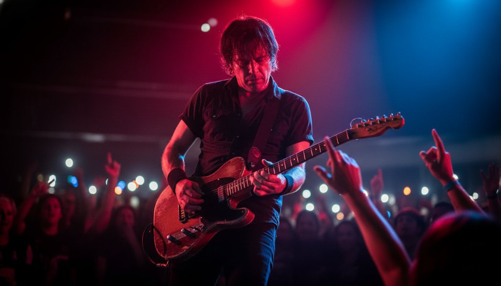 An epic moment captured in Mooroopna live music gigs photography: a lead singer bathed in dramatic purple and blue stage lights, passionately belting out a note, mic stand tilted, with a blurred, energetic crowd in the foreground and hands raised in a local Mooroopna venue.
