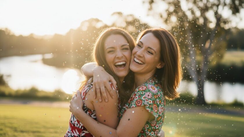 An emotionally charged 'epic moment' photograph of friends laughing and embracing at a sunset outdoor party in Mooroopna, Victoria, expertly captured by Mooroopna party photography capturing vibrant moments, with warm, dramatic lighting illuminating their joyful expressions against a softly blurred background.