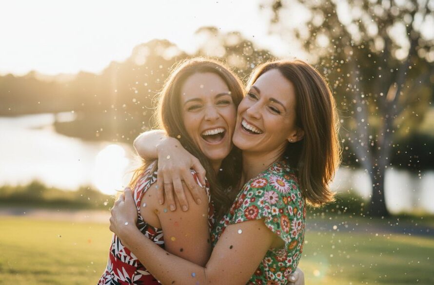 An emotionally charged 'epic moment' photograph of friends laughing and embracing at a sunset outdoor party in Mooroopna, Victoria, expertly captured by Mooroopna party photography capturing vibrant moments, with warm, dramatic lighting illuminating their joyful expressions against a softly blurred background.