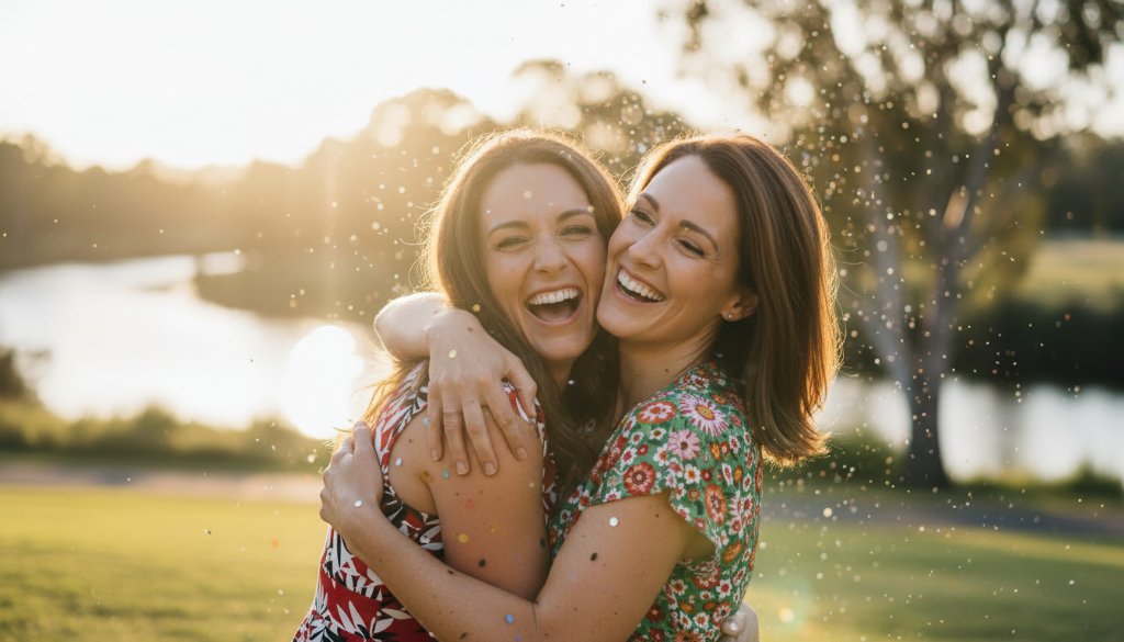 An emotionally charged 'epic moment' photograph of friends laughing and embracing at a sunset outdoor party in Mooroopna, Victoria, expertly captured by Mooroopna party photography capturing vibrant moments, with warm, dramatic lighting illuminating their joyful expressions against a softly blurred background.