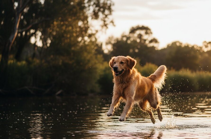 An epic moment of a majestic golden retriever mid-leap, silhouetted against a golden Mooroopna sunset over the Goulburn River, embodying joyful Mooroopna pet photography capturing unique animal personalities.