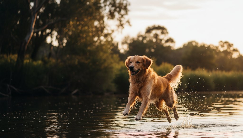 An epic moment of a majestic golden retriever mid-leap, silhouetted against a golden Mooroopna sunset over the Goulburn River, embodying joyful Mooroopna pet photography capturing unique animal personalities.