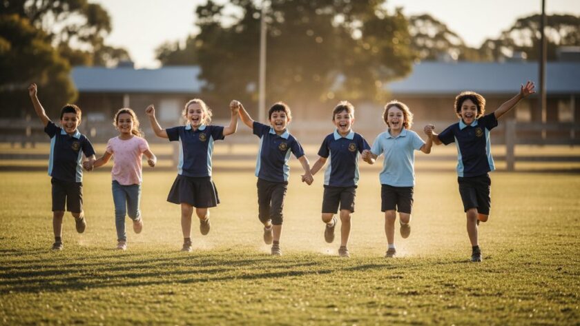 Dramatic, warm-lit photograph capturing a group of happy Mooroopna primary school students cheering joyfully during a sports carnival, embodying the spirit of Mooroopna primary school photography authentic moments. The children are in action, laughing and celebrating, with an overcast sky in the background hinting at dynamic natural light, showcasing genuine emotion and connection.