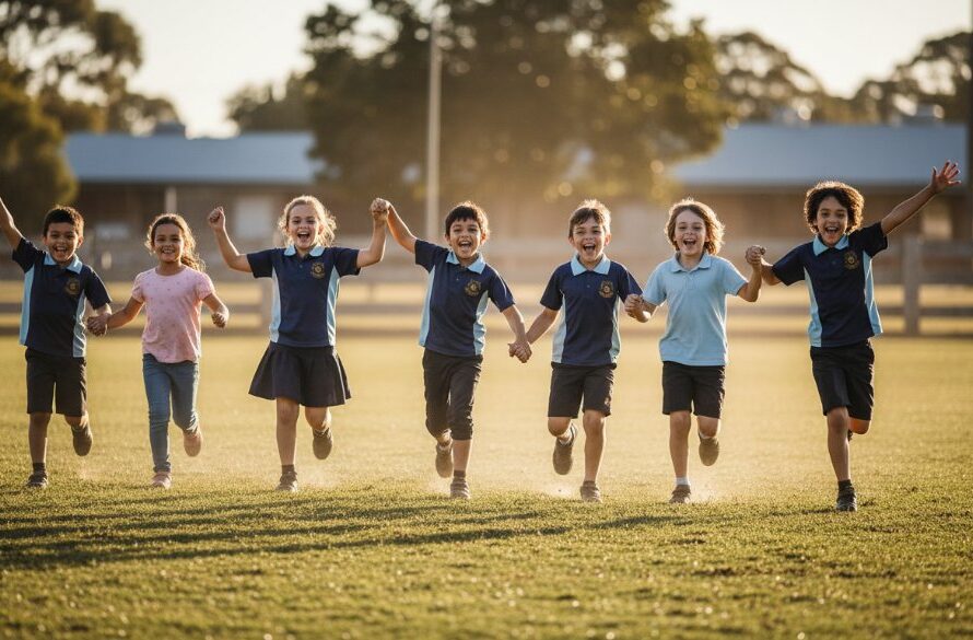 Dramatic, warm-lit photograph capturing a group of happy Mooroopna primary school students cheering joyfully during a sports carnival, embodying the spirit of Mooroopna primary school photography authentic moments. The children are in action, laughing and celebrating, with an overcast sky in the background hinting at dynamic natural light, showcasing genuine emotion and connection.