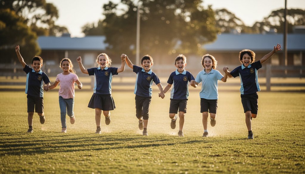 Dramatic, warm-lit photograph capturing a group of happy Mooroopna primary school students cheering joyfully during a sports carnival, embodying the spirit of Mooroopna primary school photography authentic moments. The children are in action, laughing and celebrating, with an overcast sky in the background hinting at dynamic natural light, showcasing genuine emotion and connection.