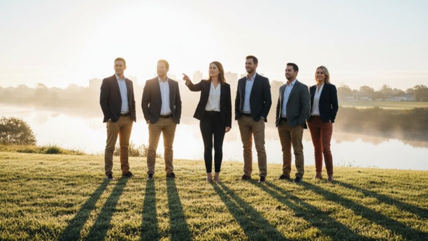 Dramatic, professionally lit portrait of a diverse group of local business professionals in Mooroopna, showcasing their unity and ambition, perfect for Mooroopna professional corporate photography for local businesses.