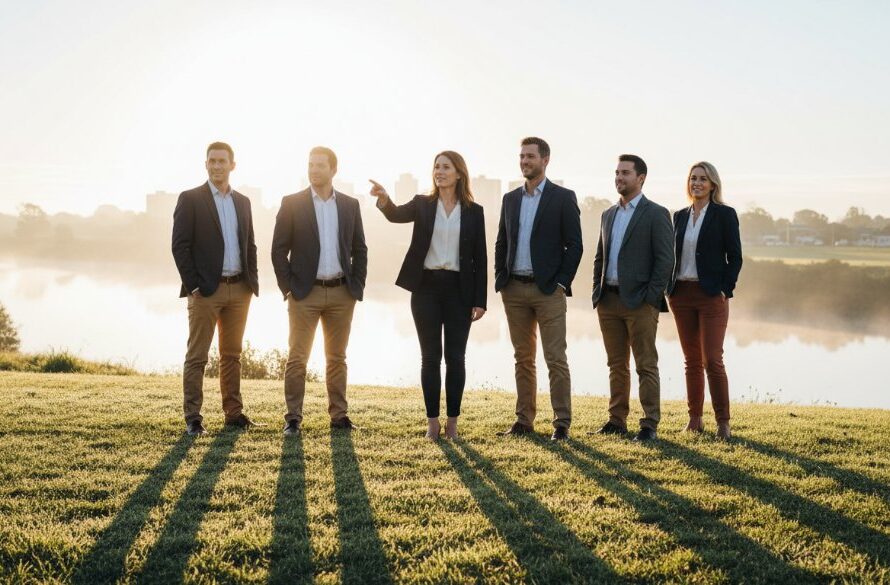 Dramatic, professionally lit portrait of a diverse group of local business professionals in Mooroopna, showcasing their unity and ambition, perfect for Mooroopna professional corporate photography for local businesses.