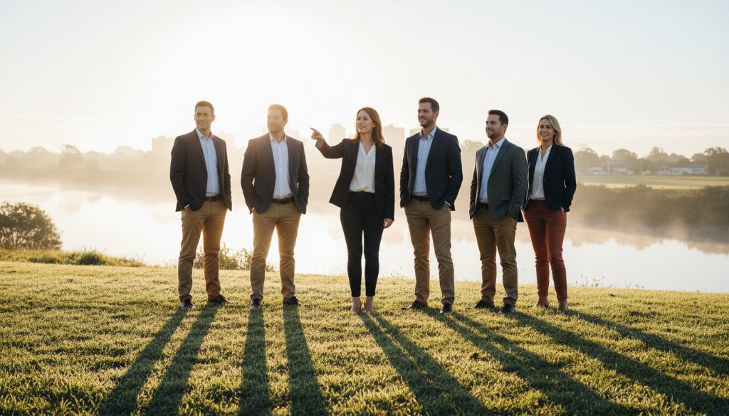 Dramatic, professionally lit portrait of a diverse group of local business professionals in Mooroopna, showcasing their unity and ambition, perfect for Mooroopna professional corporate photography for local businesses.