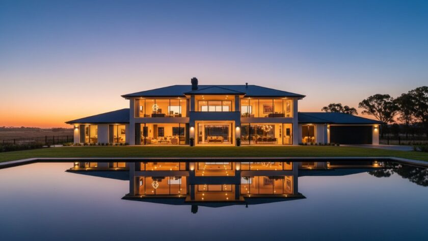 Dramatic, wide-angle shot showcasing a luxurious Mooroopna property at dusk, with warm interior lights glowing, reflecting on a tranquil garden pond, highlighting premium architecture. This epic moment of Mooroopna property photography for premium listings captures its aspirational lifestyle.