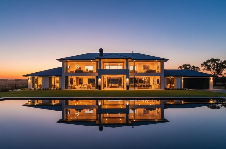 Dramatic, wide-angle shot showcasing a luxurious Mooroopna property at dusk, with warm interior lights glowing, reflecting on a tranquil garden pond, highlighting premium architecture. This epic moment of Mooroopna property photography for premium listings captures its aspirational lifestyle.
