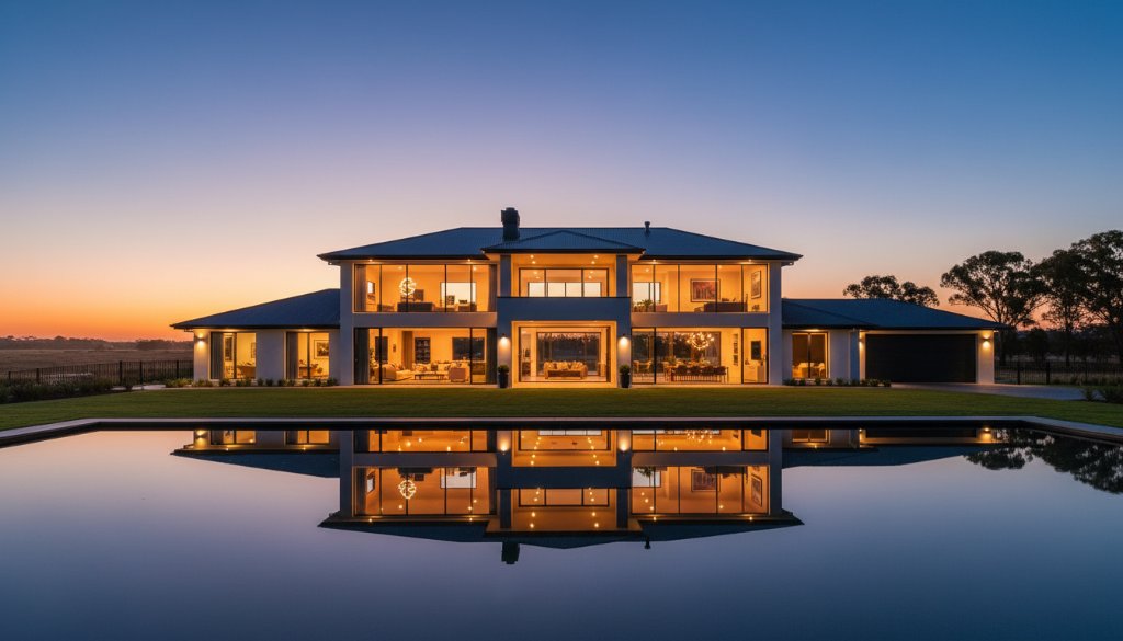 Dramatic, wide-angle shot showcasing a luxurious Mooroopna property at dusk, with warm interior lights glowing, reflecting on a tranquil garden pond, highlighting premium architecture. This epic moment of Mooroopna property photography for premium listings captures its aspirational lifestyle.