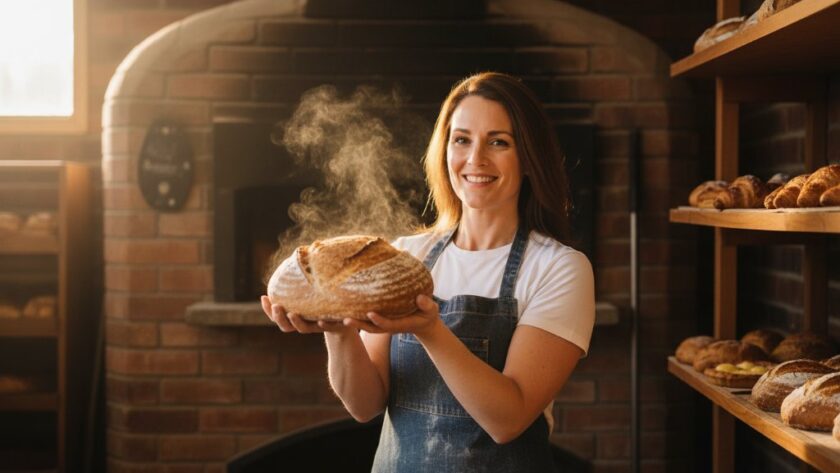 A vibrant, professionally lit 'epic moment' photograph capturing a local Mooroopna artisan proudly showcasing their handcrafted ceramic piece in a rustic, sun-drenched pottery studio, highlighting expert Mooroopna small business branding photography, with warm, golden hour light streaming through a large window, a shallow depth of field focusing on the artisan's genuine smile and the intricate details of their work, conveying passion and craftsmanship.
