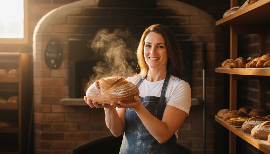 A vibrant, professionally lit 'epic moment' photograph capturing a local Mooroopna artisan proudly showcasing their handcrafted ceramic piece in a rustic, sun-drenched pottery studio, highlighting expert Mooroopna small business branding photography, with warm, golden hour light streaming through a large window, a shallow depth of field focusing on the artisan's genuine smile and the intricate details of their work, conveying passion and craftsmanship.