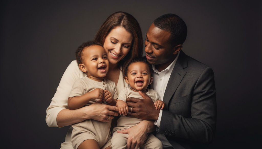 An emotionally resonant, professional studio photograph capturing a cherished family portrait in Mooroopna, showcasing a parent embracing their child with soft, dramatic lighting and a warm, inviting atmosphere, embodying the essence of Mooroopna Studio Photography for Cherished Family Portraits.