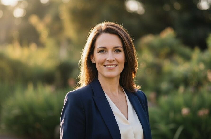 An inspiring close-up portrait of a confident professional woman in Mooroopna, smiling genuinely with a blurred, sun-drenched rural Victoria backdrop, embodying Mooroopna Victoria professional headshots for success, with dramatic golden hour lighting.