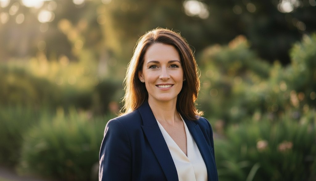 An inspiring close-up portrait of a confident professional woman in Mooroopna, smiling genuinely with a blurred, sun-drenched rural Victoria backdrop, embodying Mooroopna Victoria professional headshots for success, with dramatic golden hour lighting.
