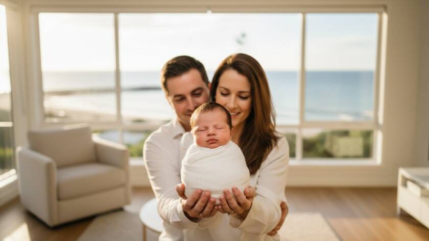 A stunning, professional, color-graded wide-angle photograph capturing Mordialloc baby photography authentic moments: a joyous baby in a soft white wrap, gently held by parents, bathed in warm, ethereal morning light filtering through sheer curtains in a Mordialloc home. The focus is on the baby's tiny hand reaching for a parent's finger, showcasing connection and love, with a subtle blur of a coastal Mordialloc window view in the background. Cinematic, emotionally resonant.
