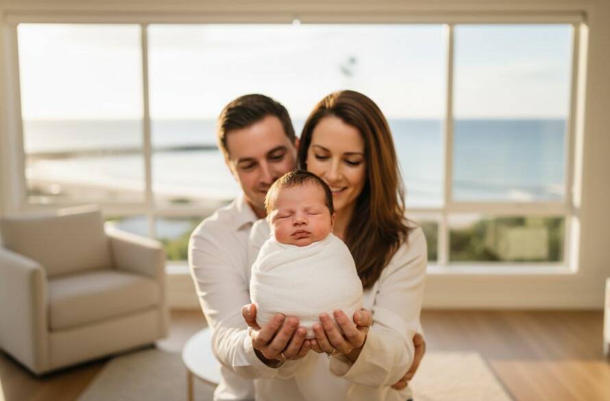 A stunning, professional, color-graded wide-angle photograph capturing Mordialloc baby photography authentic moments: a joyous baby in a soft white wrap, gently held by parents, bathed in warm, ethereal morning light filtering through sheer curtains in a Mordialloc home. The focus is on the baby's tiny hand reaching for a parent's finger, showcasing connection and love, with a subtle blur of a coastal Mordialloc window view in the background. Cinematic, emotionally resonant.