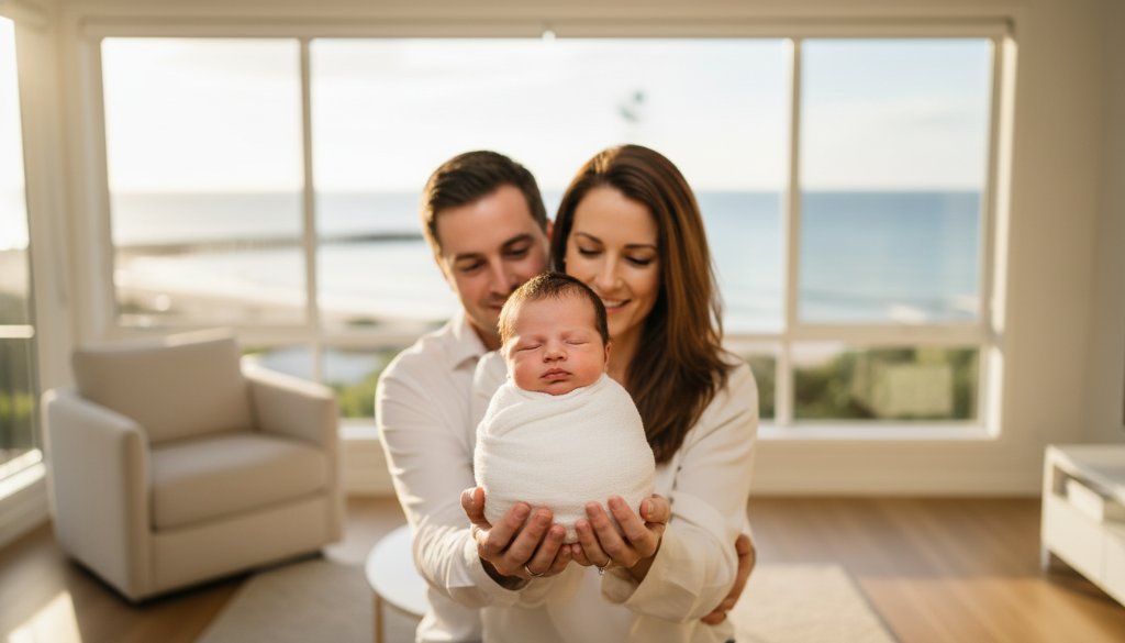A stunning, professional, color-graded wide-angle photograph capturing Mordialloc baby photography authentic moments: a joyous baby in a soft white wrap, gently held by parents, bathed in warm, ethereal morning light filtering through sheer curtains in a Mordialloc home. The focus is on the baby's tiny hand reaching for a parent's finger, showcasing connection and love, with a subtle blur of a coastal Mordialloc window view in the background. Cinematic, emotionally resonant.