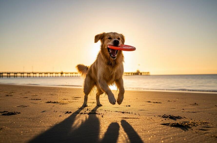 A joyful golden retriever mid-leap, fetching a ball during a Mordialloc beach dog photography session at sunset, with golden light reflecting off the water and a silhouetted Mordialloc Pier in the background.
