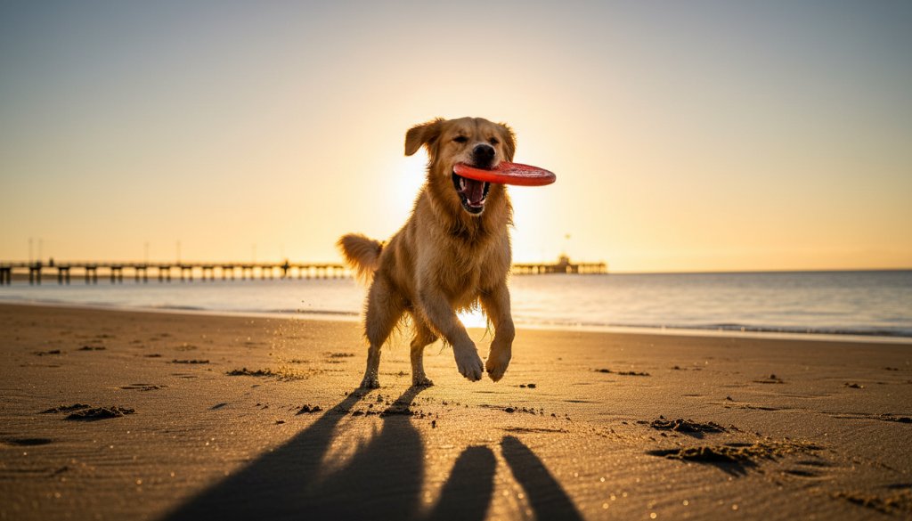 A joyful golden retriever mid-leap, fetching a ball during a Mordialloc beach dog photography session at sunset, with golden light reflecting off the water and a silhouetted Mordialloc Pier in the background.