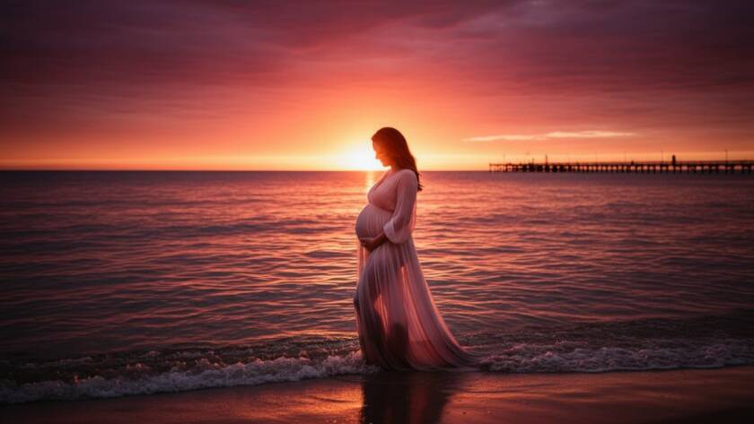A breathtaking Mordialloc Beach maternity photography sunset glow portrait featuring a pregnant woman silhouetted against a vibrant orange and purple sky, standing by the water's edge with gentle waves, her hands cradling her belly, evoking serene anticipation and the beauty of impending motherhood, professionally captured with dramatic lighting.