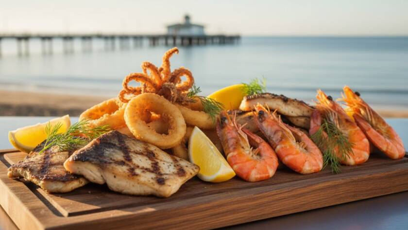 An epic moment of Mordialloc beachfront cafe food photography, capturing a perfectly styled seafood platter with dramatic morning light, showcasing fresh local produce against the subtle Mordialloc pier backdrop.