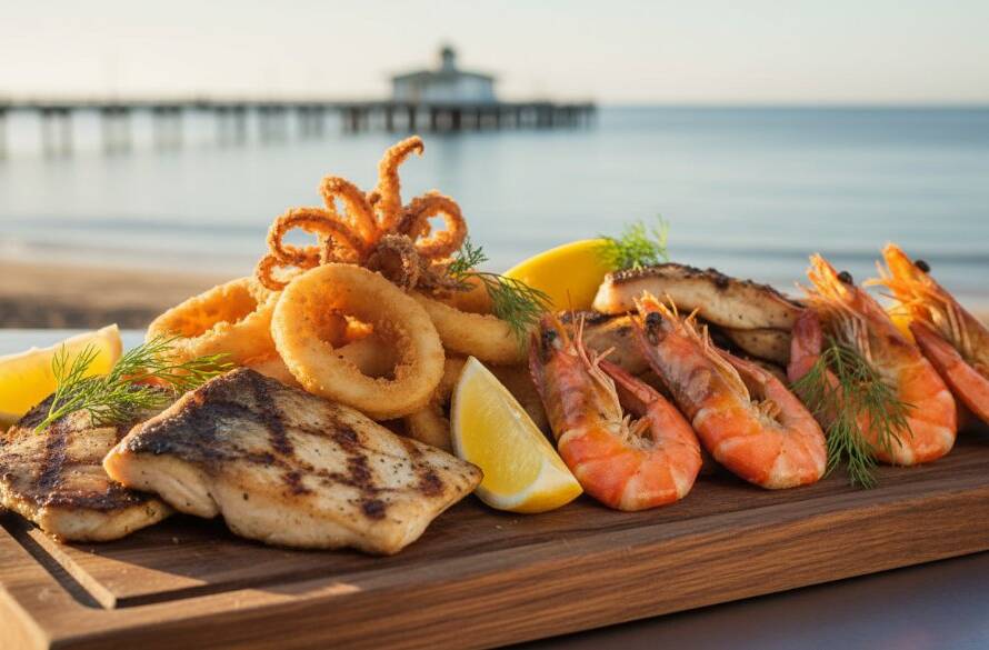 An epic moment of Mordialloc beachfront cafe food photography, capturing a perfectly styled seafood platter with dramatic morning light, showcasing fresh local produce against the subtle Mordialloc pier backdrop.
