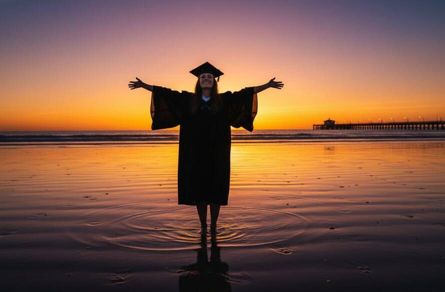 A triumphant graduate in a cap and gown, silhouetted against a golden Mordialloc beachfront sunset, celebrating with arms raised high, capturing an epic Mordialloc beachfront graduation photography moment.