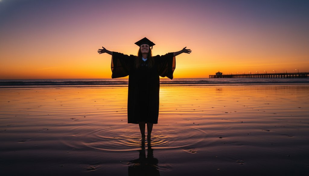 A triumphant graduate in a cap and gown, silhouetted against a golden Mordialloc beachfront sunset, celebrating with arms raised high, capturing an epic Mordialloc beachfront graduation photography moment.