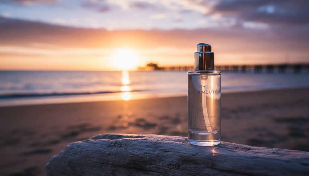 An epic moment of a luxury product dramatically illuminated by golden hour light on the Mordialloc beachfront, showcasing expert Mordialloc beachfront product advertising photography.