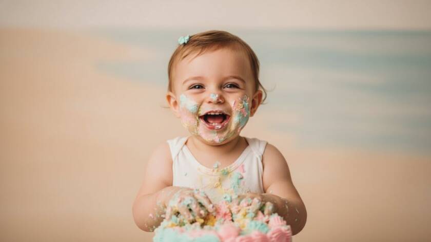 An epic moment from a Mordialloc Cake Smash Photography Experience, capturing a joyful toddler gleefully smashing a colourful cake, surrounded by pastel balloons in a professionally lit studio setting.