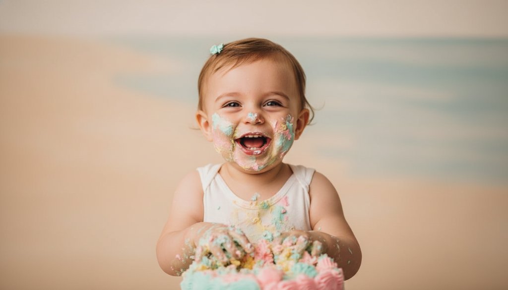 An epic moment from a Mordialloc Cake Smash Photography Experience, capturing a joyful toddler gleefully smashing a colourful cake, surrounded by pastel balloons in a professionally lit studio setting.
