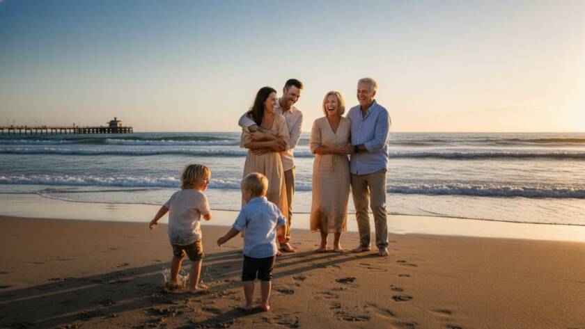 A heartwarming Mordialloc candid family moments photography shot of a family laughing joyously at sunset on Mordialloc Beach, children playing in the shallows as parents embrace, captured with warm, golden light.