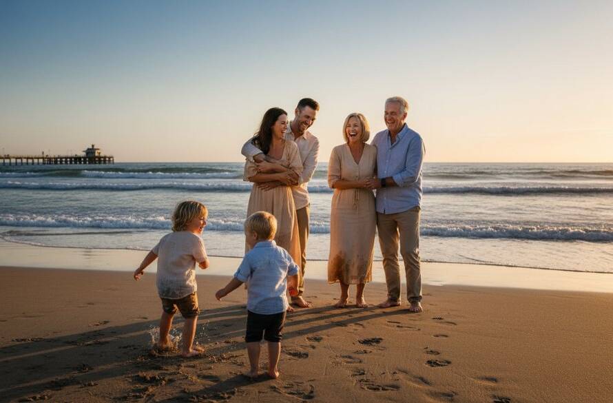 A heartwarming Mordialloc candid family moments photography shot of a family laughing joyously at sunset on Mordialloc Beach, children playing in the shallows as parents embrace, captured with warm, golden light.