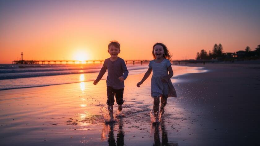 An epic moment of Mordialloc candid kids photography capturing authentic joy, showing two children laughing genuinely while running along Mordialloc Beach at sunset, with golden light illuminating their faces and the iconic jetty in the background, conveying pure, uninhibited happiness.
