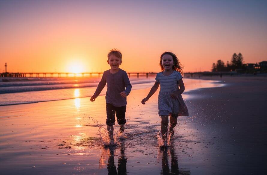 An epic moment of Mordialloc candid kids photography capturing authentic joy, showing two children laughing genuinely while running along Mordialloc Beach at sunset, with golden light illuminating their faces and the iconic jetty in the background, conveying pure, uninhibited happiness.