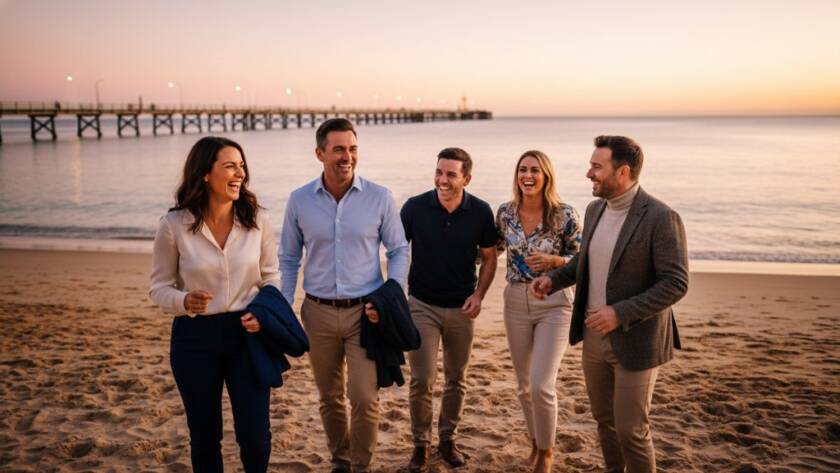 Dynamic wide-angle shot of a diverse business team smiling confidently near the Mordialloc pier at sunset, showcasing professional Mordialloc corporate photography for local businesses with warm, golden light and a vibrant, collaborative atmosphere.
