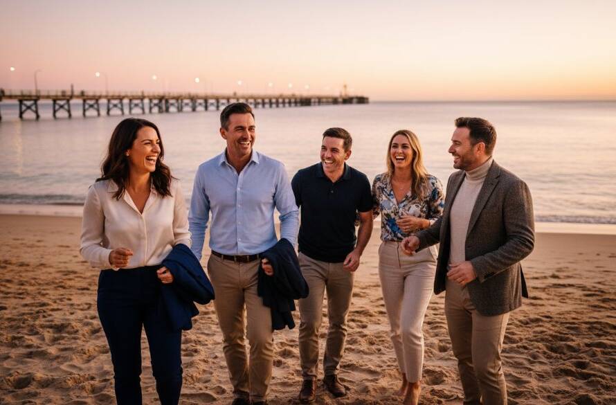 Dynamic wide-angle shot of a diverse business team smiling confidently near the Mordialloc pier at sunset, showcasing professional Mordialloc corporate photography for local businesses with warm, golden light and a vibrant, collaborative atmosphere.