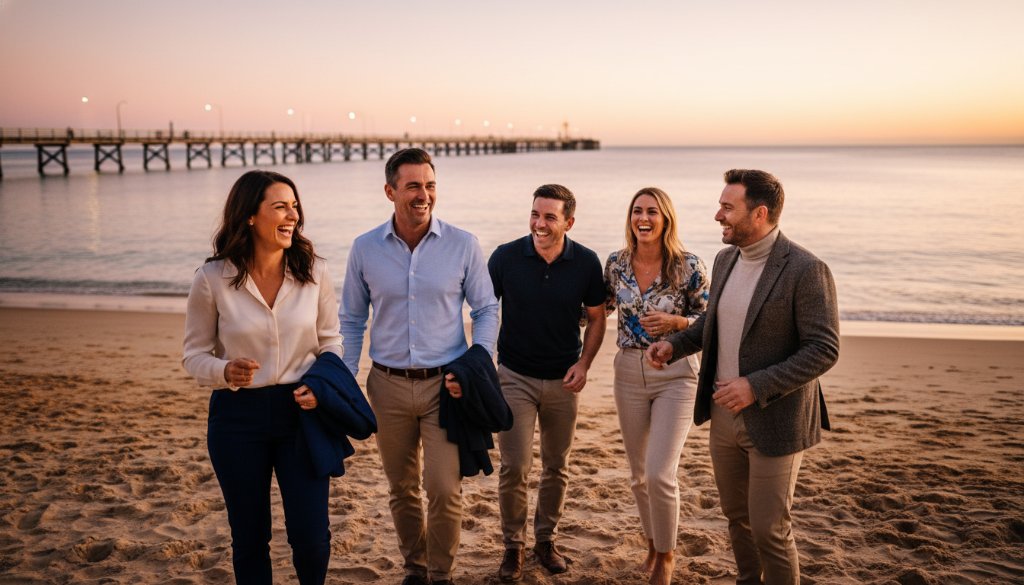 Dynamic wide-angle shot of a diverse business team smiling confidently near the Mordialloc pier at sunset, showcasing professional Mordialloc corporate photography for local businesses with warm, golden light and a vibrant, collaborative atmosphere.