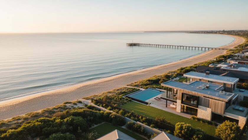 Dramatic aerial drone photograph showcasing a luxury coastal property in Mordialloc at sunrise, with the golden light reflecting on the calm Port Phillip Bay, perfectly illustrating Mordialloc drone photography for coastal property listings.