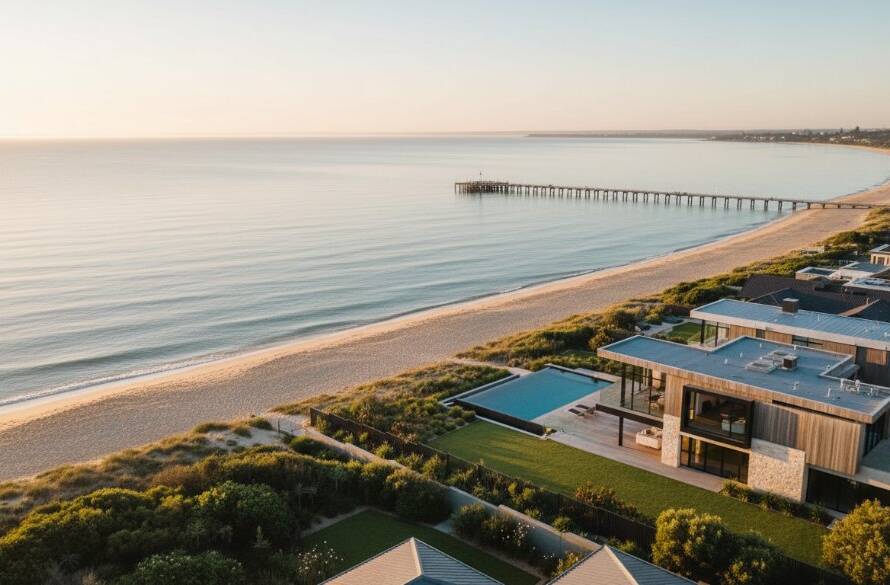 Dramatic aerial drone photograph showcasing a luxury coastal property in Mordialloc at sunrise, with the golden light reflecting on the calm Port Phillip Bay, perfectly illustrating Mordialloc drone photography for coastal property listings.
