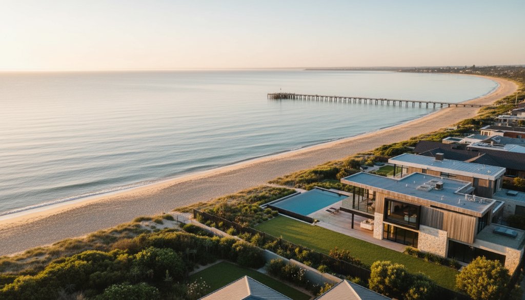 Dramatic aerial drone photograph showcasing a luxury coastal property in Mordialloc at sunrise, with the golden light reflecting on the calm Port Phillip Bay, perfectly illustrating Mordialloc drone photography for coastal property listings.