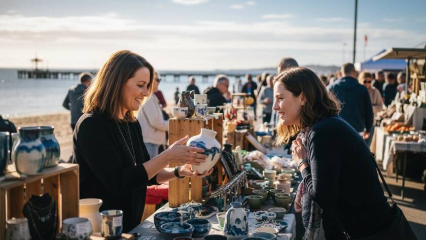 Dynamic Mordialloc Editorial Photography for Local Narratives, showcasing a bustling morning market scene near Mordialloc Pier with diverse vendors and customers interacting, vibrant colours, and strong natural light highlighting authentic community engagement.