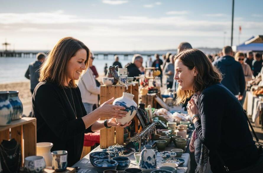 Dynamic Mordialloc Editorial Photography for Local Narratives, showcasing a bustling morning market scene near Mordialloc Pier with diverse vendors and customers interacting, vibrant colours, and strong natural light highlighting authentic community engagement.