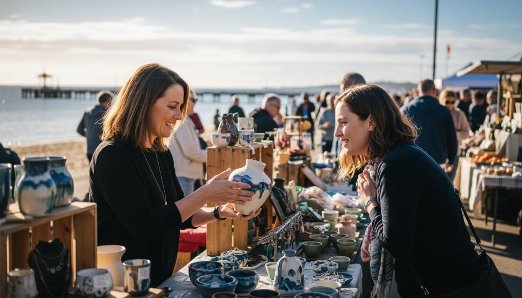 Dynamic Mordialloc Editorial Photography for Local Narratives, showcasing a bustling morning market scene near Mordialloc Pier with diverse vendors and customers interacting, vibrant colours, and strong natural light highlighting authentic community engagement.