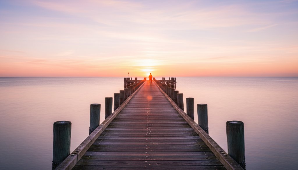 An epic moment in Mordialloc Fine Art Photography: Coastal Soul Captured Beautifully, featuring a lone figure silhouetted against a dramatic, fiery sunset over the Mordialloc pier, waves crashing gently, with professional colour grading creating a serene and powerful artistic scene.